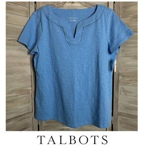 Talbots dot trim split neck short sleeve tee T-shirt fresh water blue LARGE NWT